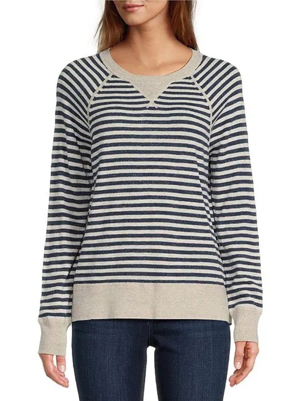 L.L.Bean Organic Cotton Slub Striped Crewneck Sweater Navy Cream XS